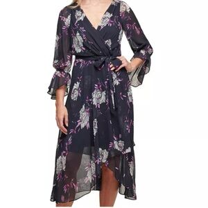 DKNY Floral Print Midi Faux Wrap Dress